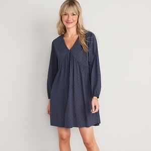 Old Navy Clipdot Long Sleeve V Neck Babydoll Dress Black XL